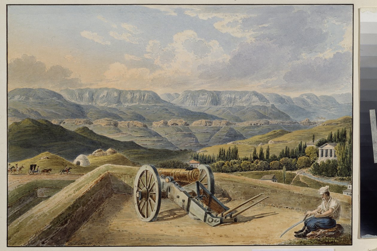 Kislovodsk fæstning (Nordkaukasus). Batteri i bjergene. Kislovodsk fæstningen. Batteri i bjergene. Værk af Johann Jakob Meier (1787-1858), akvarel på papir, omkring 1843. Tysk kunst fra 1800-tallet. State A. Pushkin Museum of Fine af Johann Jakob Meyer