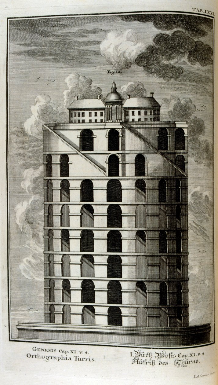 Plan over Babelstårnet set fra siden af Johann Jakob Scheuchzer