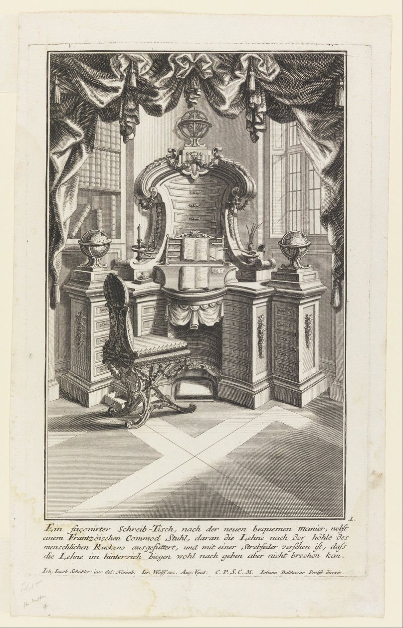 Et formet skrivebord, ... (skrivebord og stol) af Johann Jakob Schübler