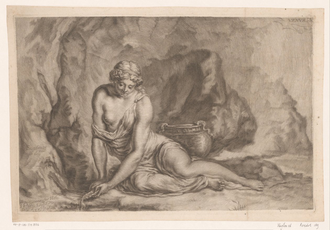 Venus skaber vand med en skal Latona øser vand med en skal af Johann Jakob Thurneysen (I)