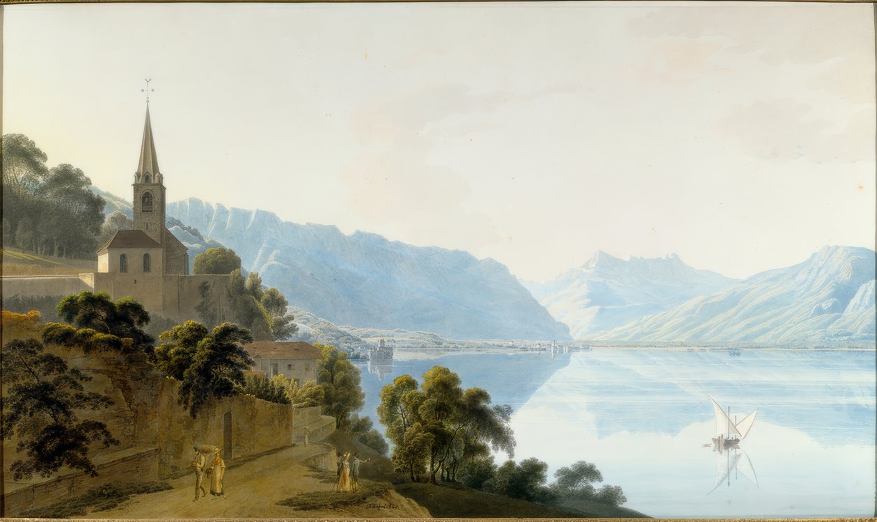Kirken i Les Planches, Chillon, Villeneuve og Dents du Midi af Johann Jakob Wetzel