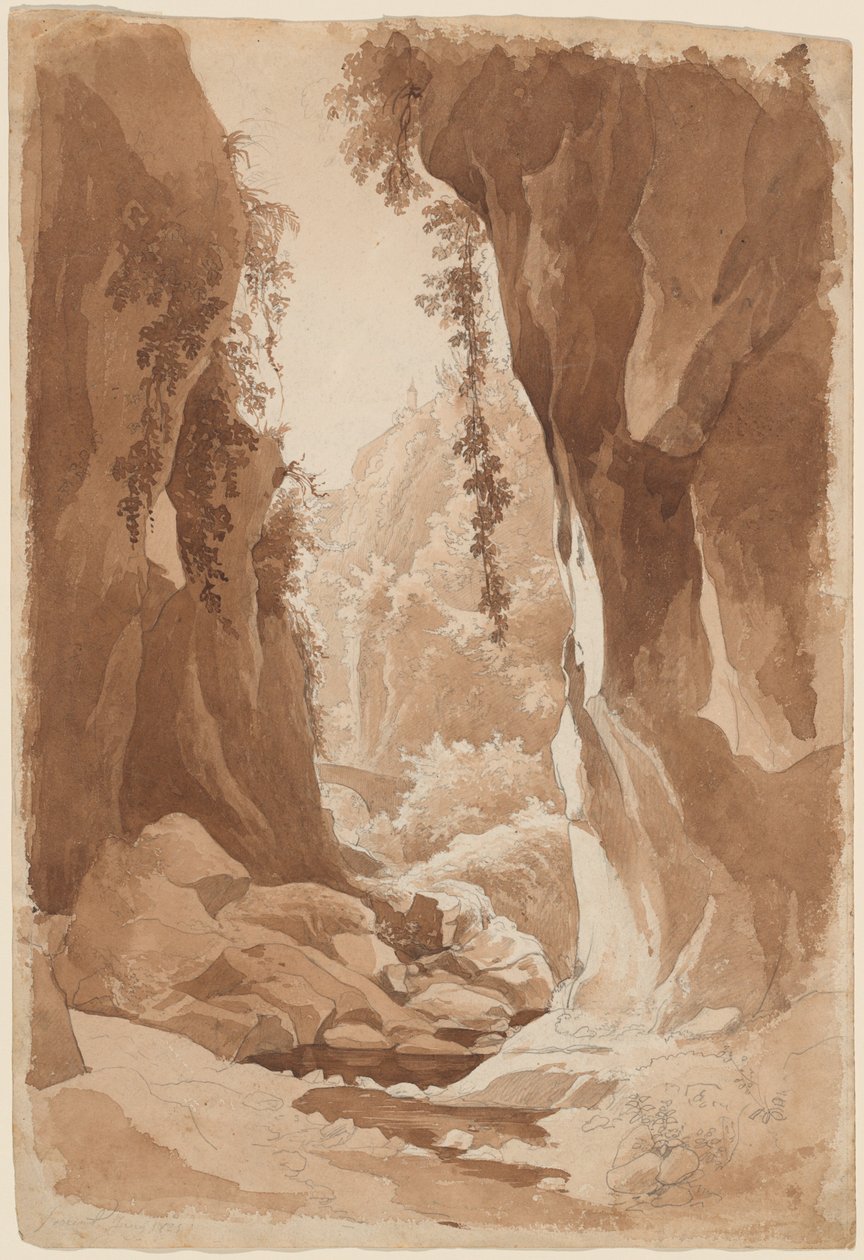 Klipper, der hænger over en flodkløft nær Sorrento (recto) af Johann Joachim Faber