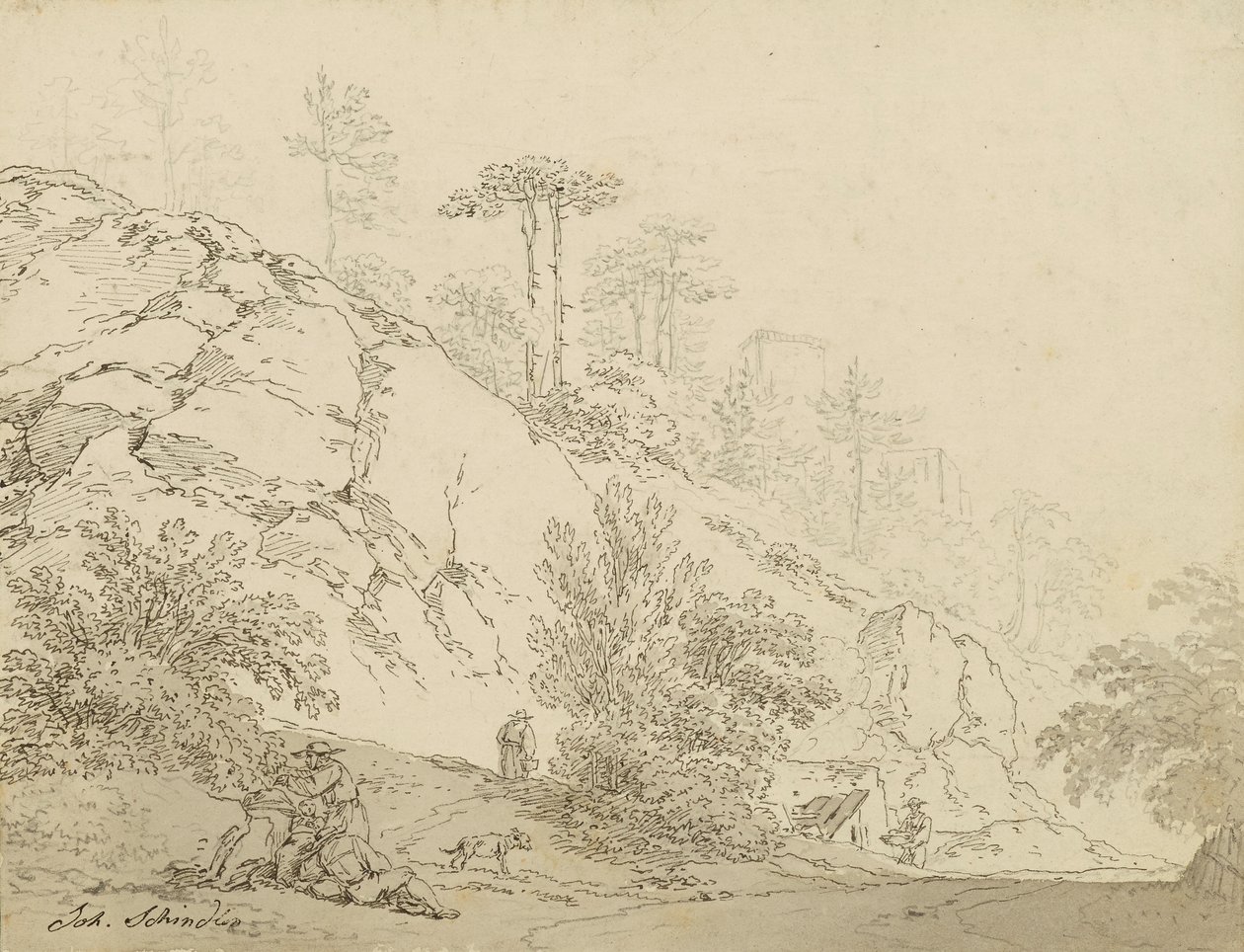 Landmænd hviler i stenet terræn, baggrundsslot af Johann Josef Schindler