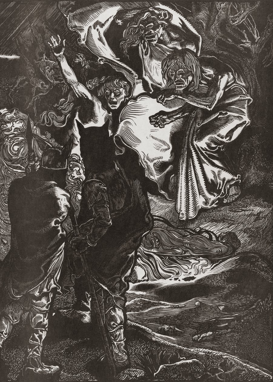 Macbeth og Banquo møder de tre hekse, 20. århundrede (gravering) af Johann Joseph Aarts