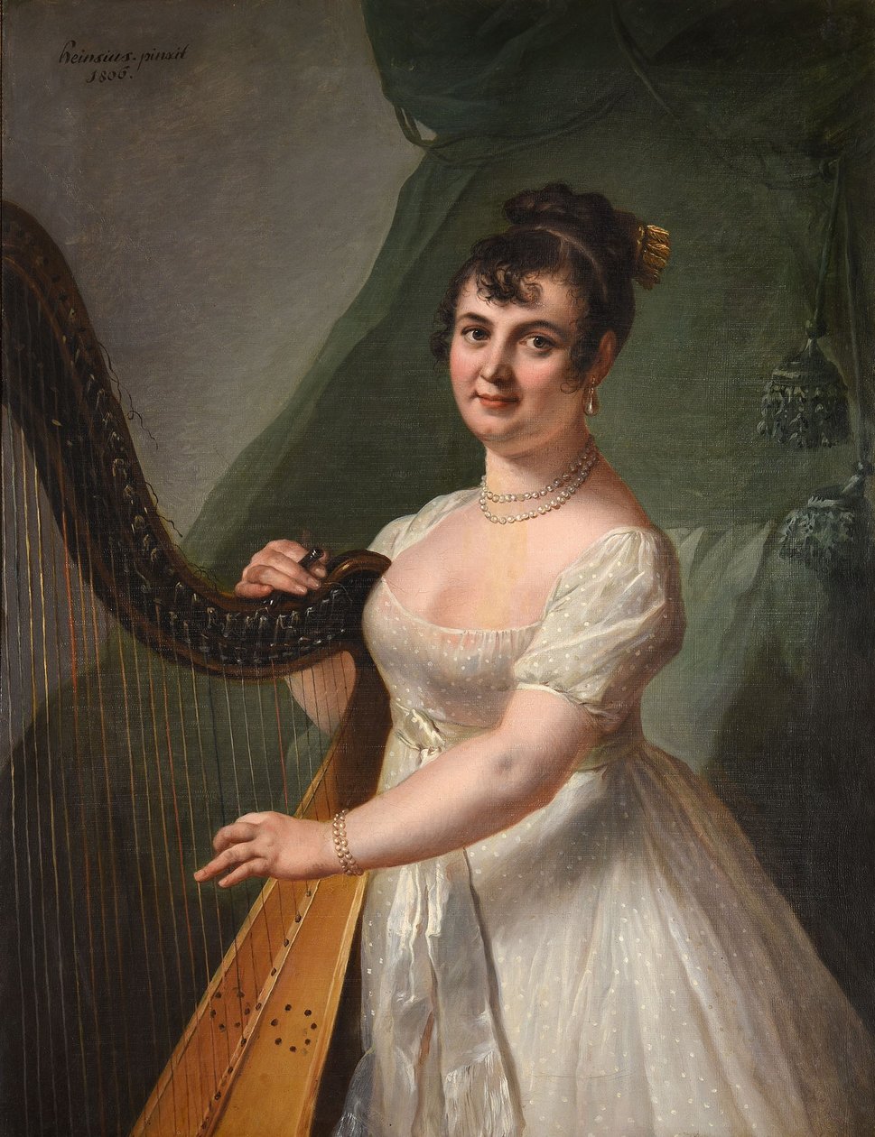 Portræt af Anne Rose Debas, Mme Delaroche, der spiller harpe af Johann Julius Heinsius