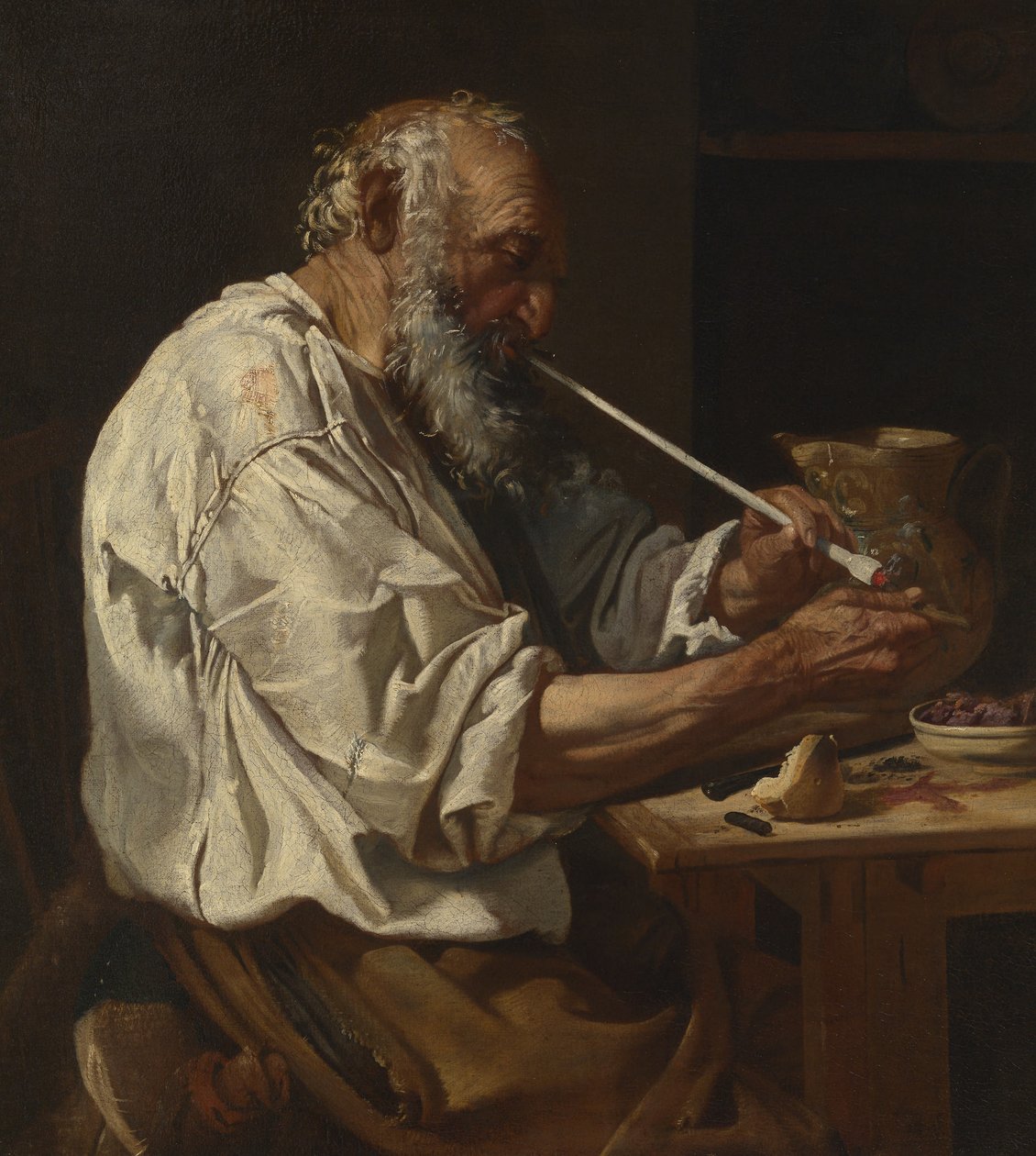 Old Peasant Lighting a Pipe, ca. 1660 (olie på lærred) af Johann Karl Loth