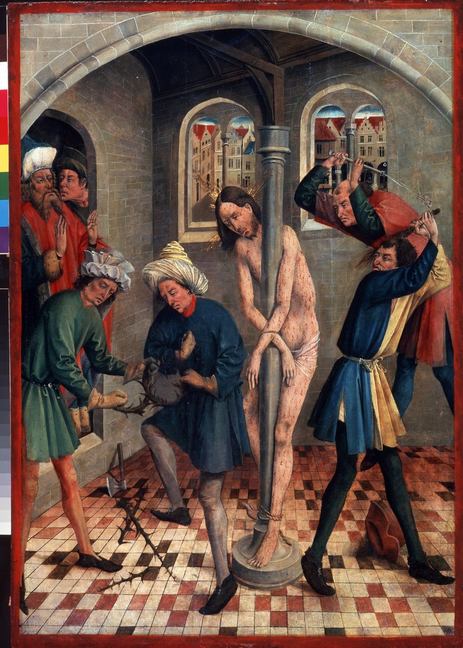 Kristi flagellering. Mænd laver tornekronen, mens andre pisker Jesus fastgjort til søjlen med forskellige piske. Maleri af Johann Koerbecke (mellem 1415 og 1491), før 1457. Tempera på træ. tysk kunst af Johann Koerbecke