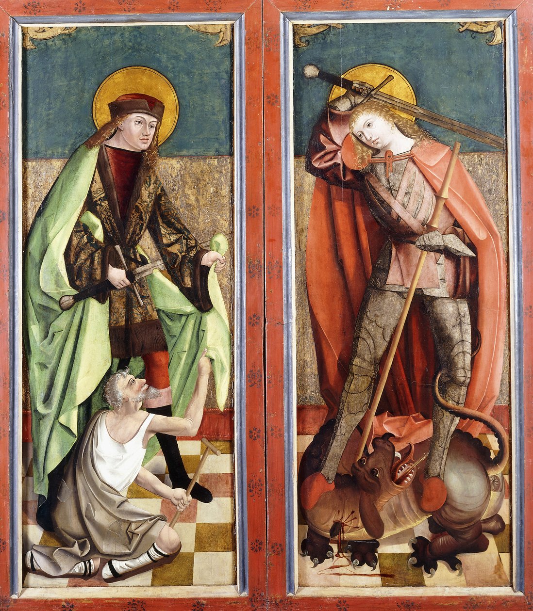 Sankt Martin og Tiggeren; og Saint George and the Dragon - vingerne på en altertavle, af Johann Koerbecke