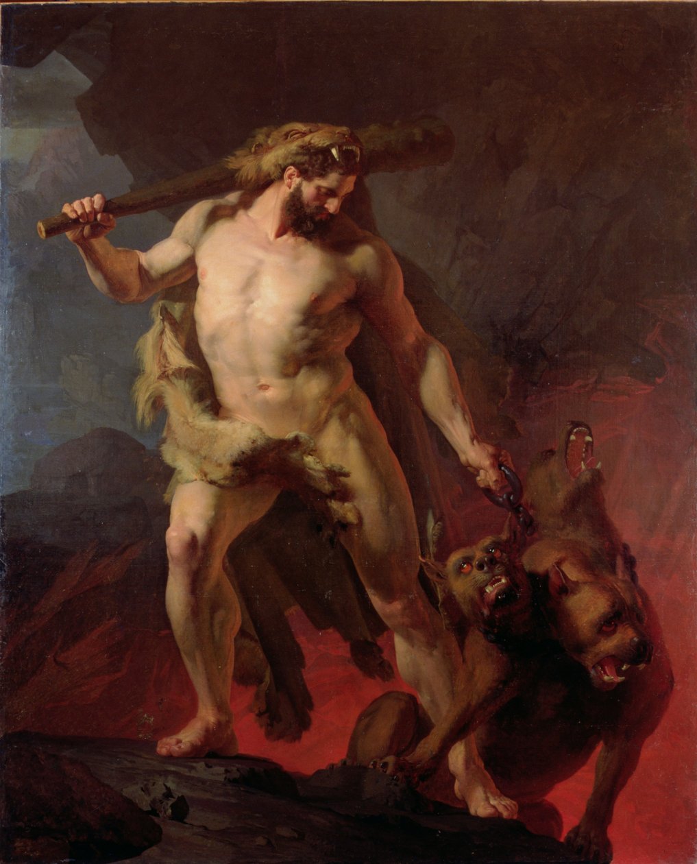 Hercules fjerner Cerberus fra helvedes porte, 1855 af Johann Koler