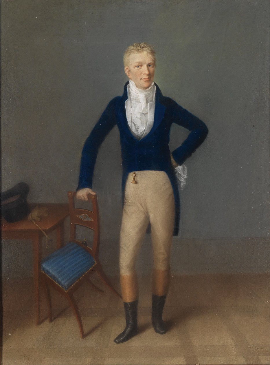 Portræt i fuld længde af en lyshåret herre i ridekostume, lænet på stoleryggen af Johann Lorenz Kreul