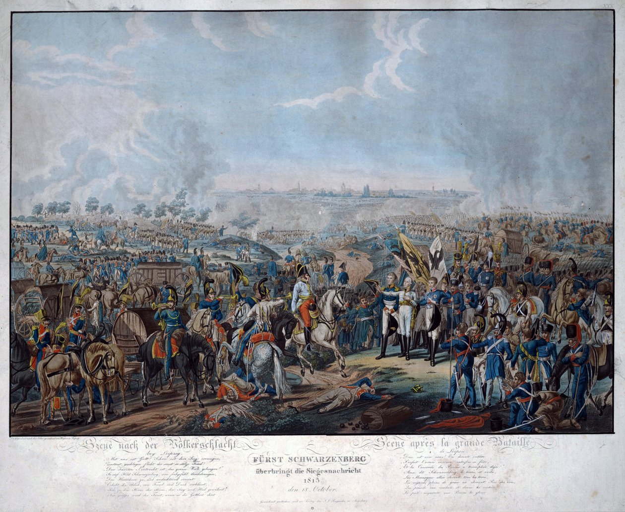 Slaget ved Leipzig (Nationernes slag), i oktober 1813. Den østrigske feltmarskal Schwarzenberg (1771-1820) annoncerer de allieredes sejr i slaget ved Leipzig til den germanske kejser Francois II (= Francois Ier af Østrig; 1768 - 1835), ved Tza af Johann Lorenz Rugendas