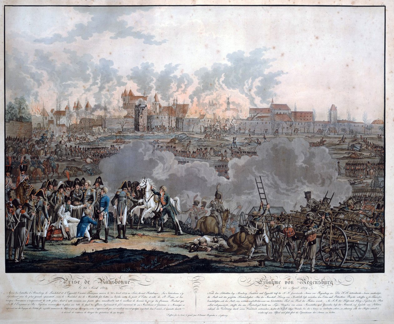 Slaget ved Ratisbon den 23. april 1809 (slaget ved Regensburg) - Rugendas, Johann Lorenz, den yngre (1775-1826) - 1809 - Akvatinte - 54,6x65,4 - Privat samling af Johann Lorenz Rugendas