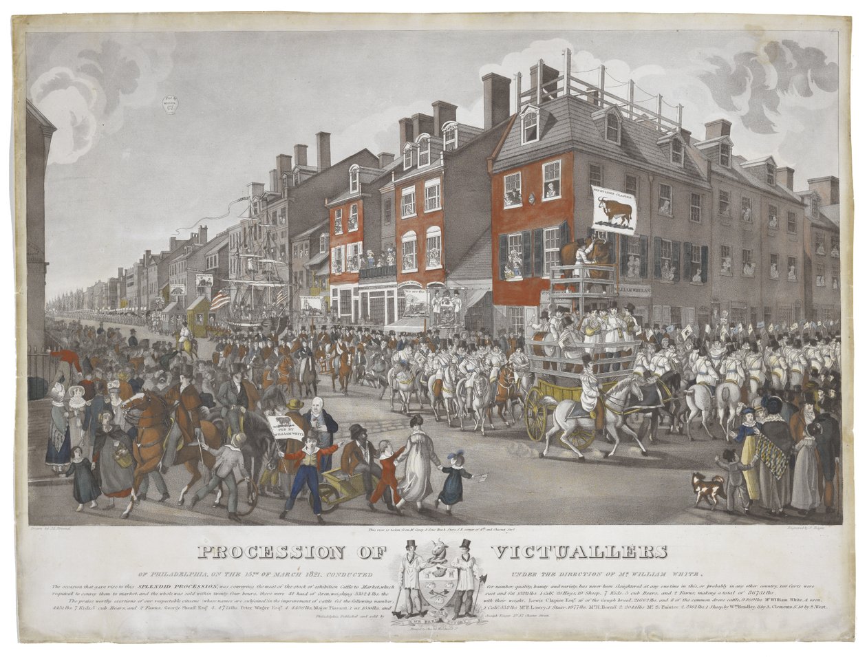 Procession af Victuallers of Philadelphia, den 15. marts 1821, ca. 1821-1822 (ætsning med akvatint og håndfarvning på papir) af Johann Ludwig  Krimmel