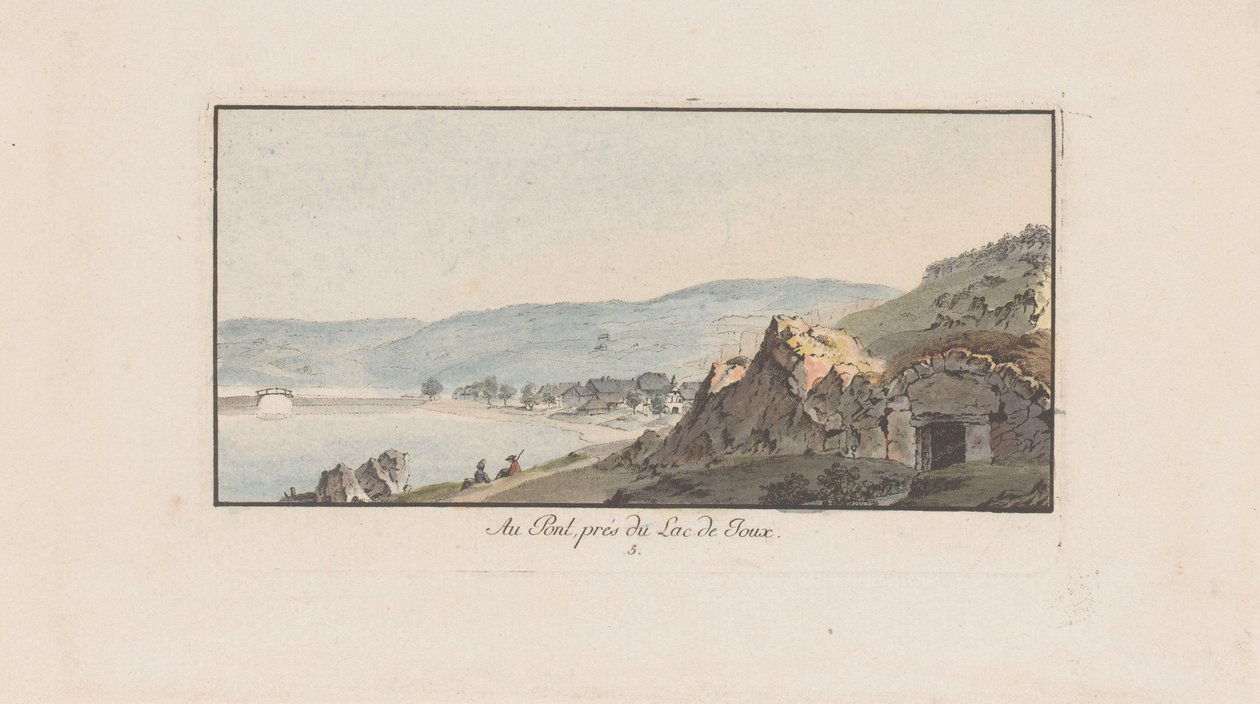 Udsigt over Le Pont på Lac de Joux Au Pont, près du Lac de Joux (titel på objekt) Landskaber i Schweiz (serietitel) Samling af nogle perspektiver i Schweiz (serietitel) af Johann Ludwig Aberli