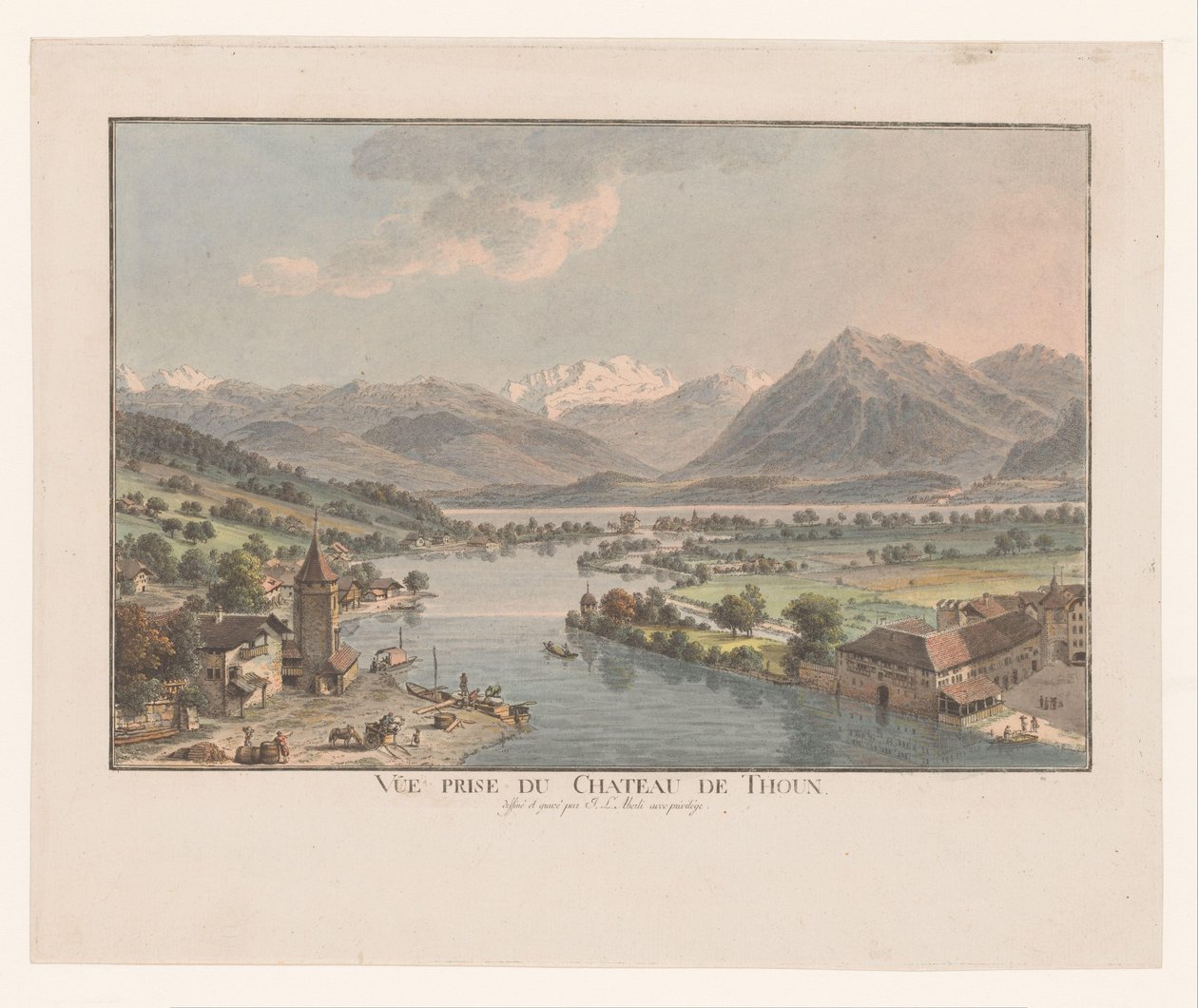 Udsigt over Thun-søen fra Thun Slot Vue prize du chateau de Thoun (titel på objekt) af Johann Ludwig Aberli