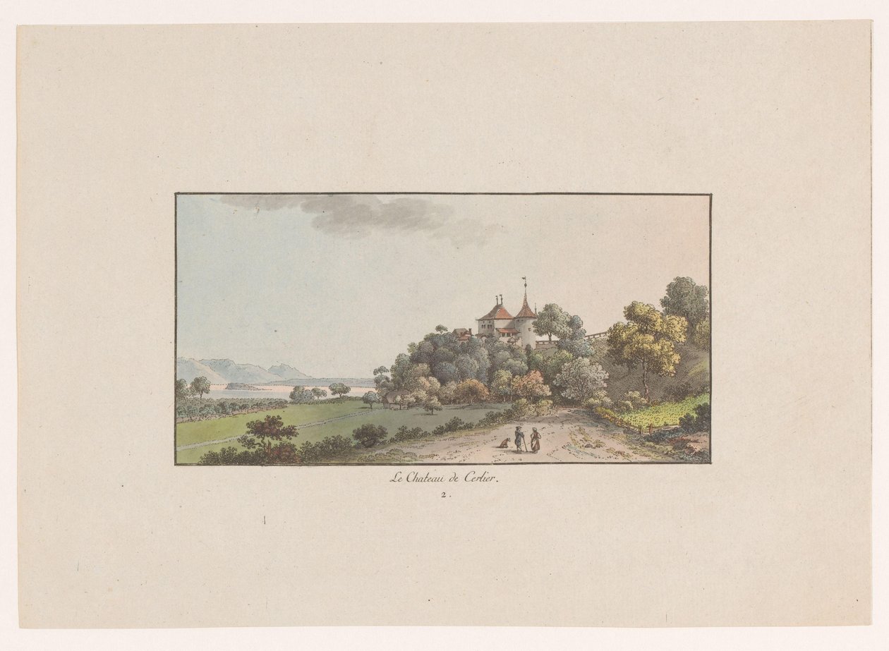 Udsigt over Chateau de Cerlier i Erlach Le Chateau de Cerlier (titel på objekt) Udsigt over Schweiz (serietitel) Collection de quelques vues dessinées en Suisse d