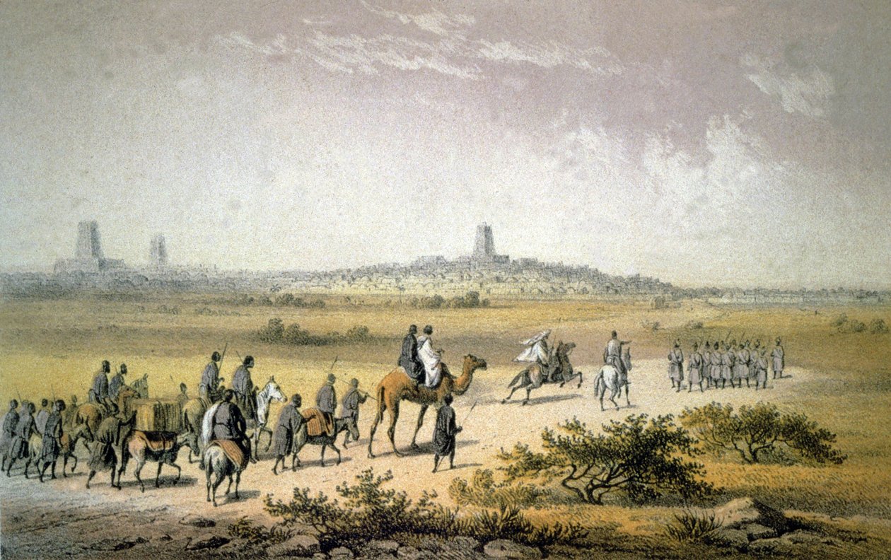 Heinrich Barth nærmer sig Timbuktu, ca. 1860 (litografi) af Johann Martin (after) Bernatz