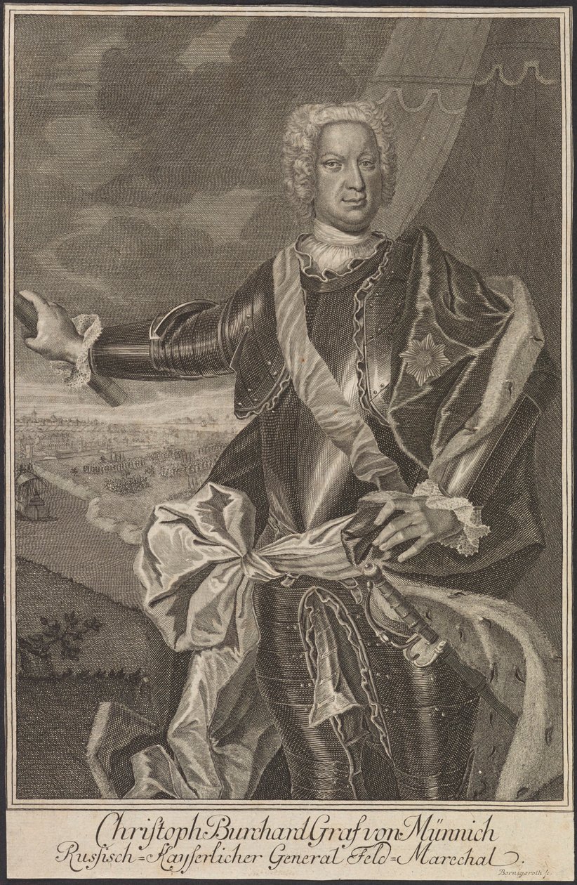 Portræt af grev Burkhard Christoph von Munnich 1683-1767. af Johann Martin Bernigeroth