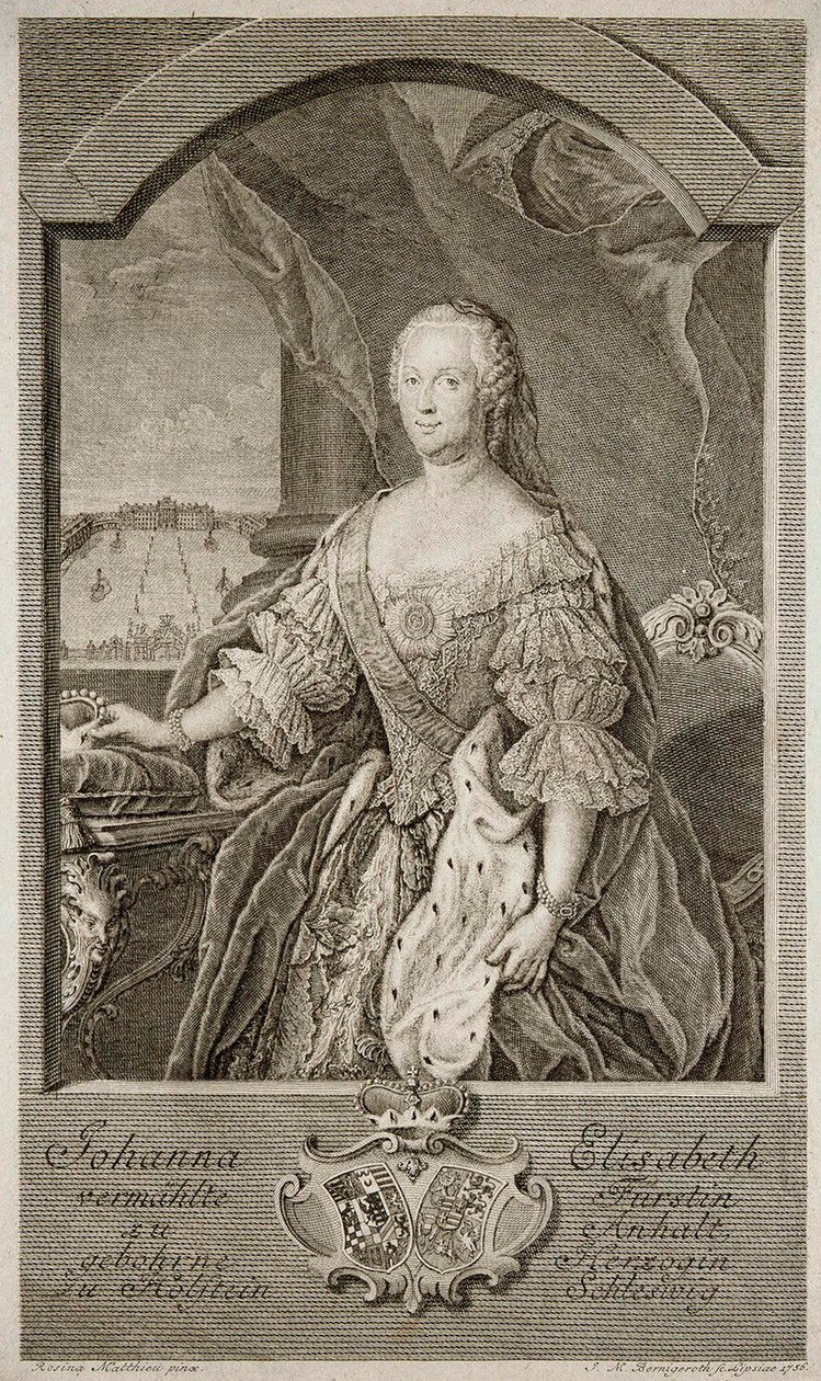 Portræt af Johanna-Elizabeth, kurfyrste af Anhalt-Zerbst 1712-1760, mor til Catherine II, 1756. af Johann Martin Bernigeroth
