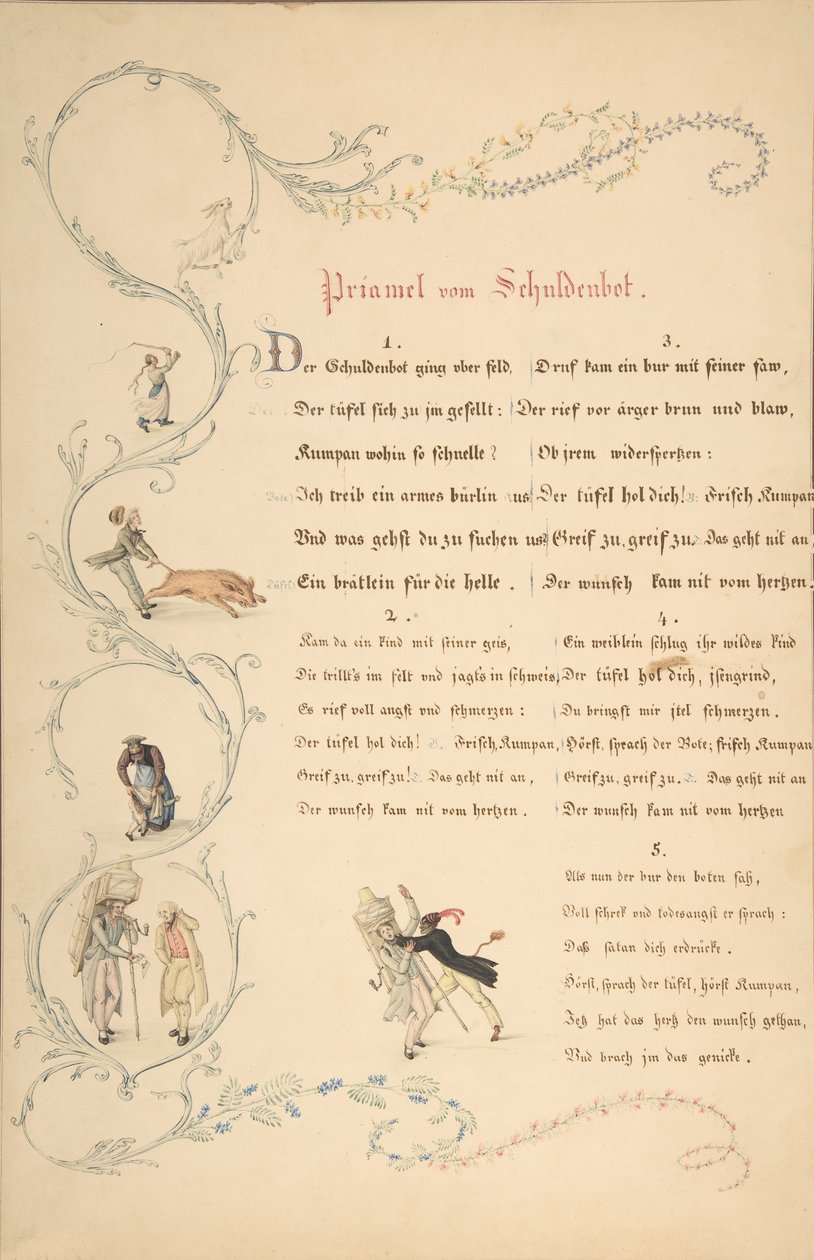 Ark med vers: Priamel vom Schuldenbot, slutningen af det 18.-begyndelsen af det 19. århundrede. af Johann Martin Usteri