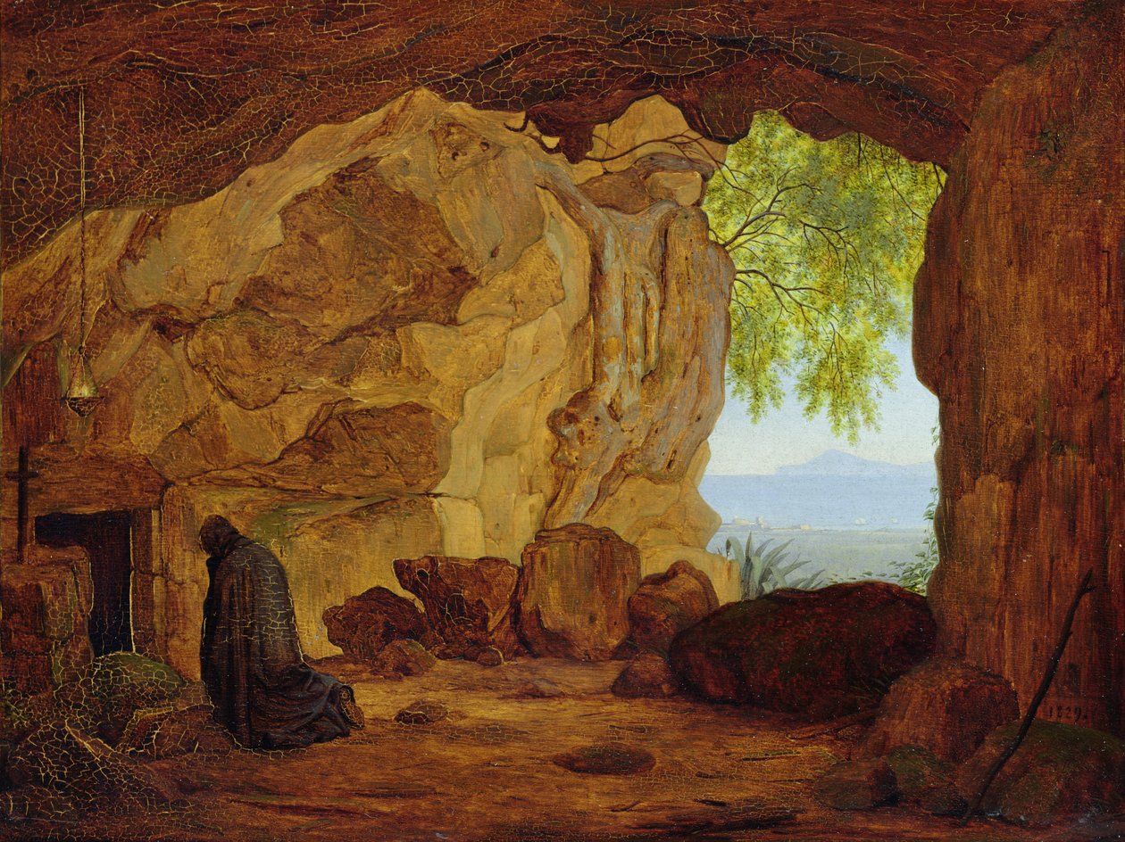 Bedende eneboer i en grotte, 1829 af Johann Martin von Rohden