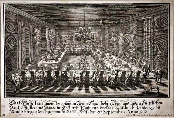 Banket i kongens sal ved kardinalpaladset af Regensburg, 26. september 1717 (gravering) af Johann Matthias and Geyer Andreas Steidlin