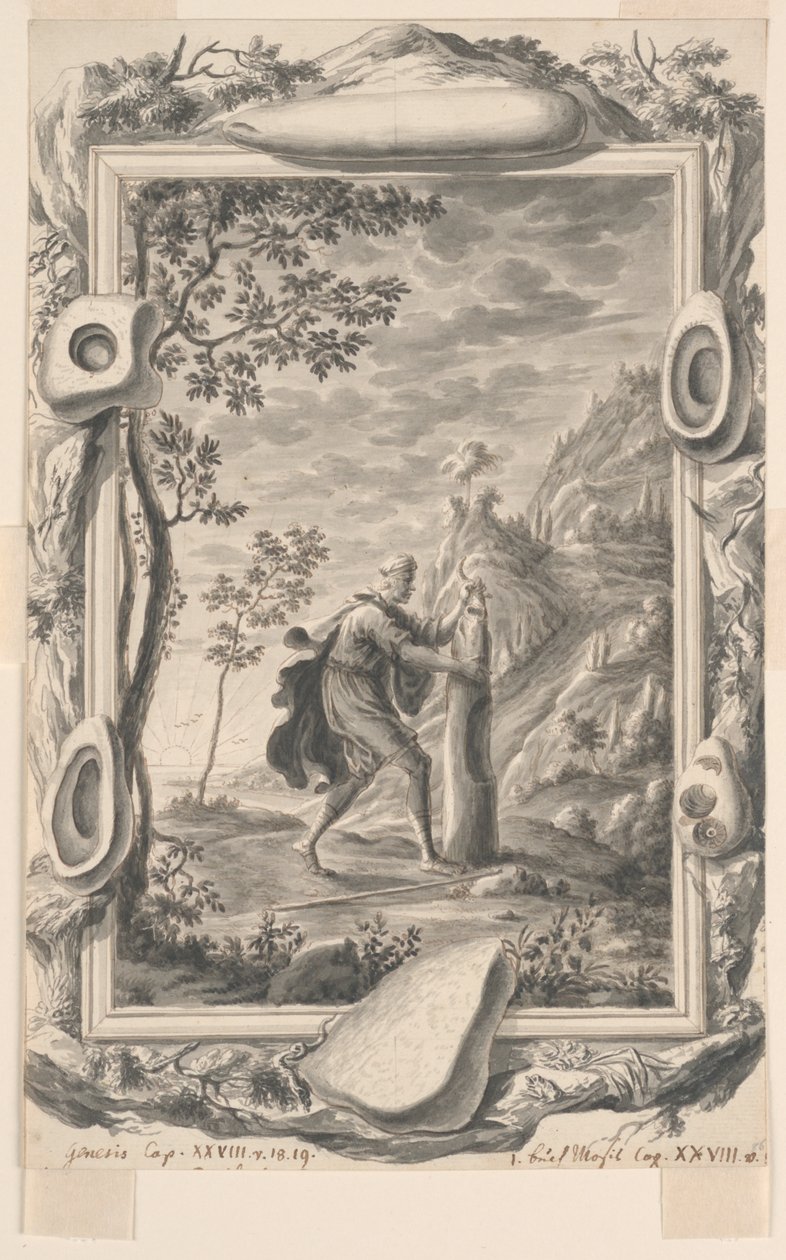 Studie for Jacob Pours Oil on the Stone på Bethel, Plade 87, Physica Sacra af Johann Melchior Füssli