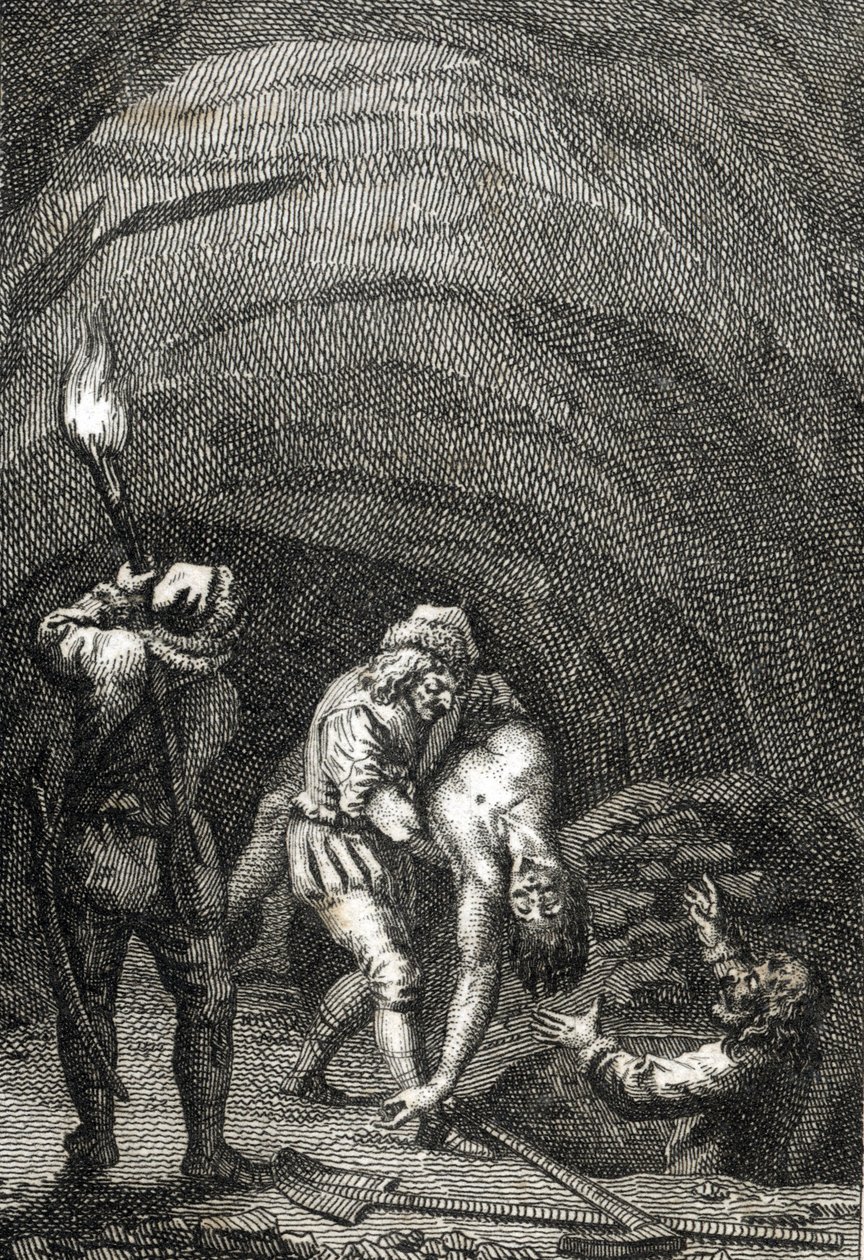 Vilhelm II af Hollands død dræbt af friserne, som i hemmelighed begravede ham under gulvet i et hus Gravering af Johann Michael Mettenleiter (1765-1853) 1800 Privat samling af Johann Michael Mettenleiter