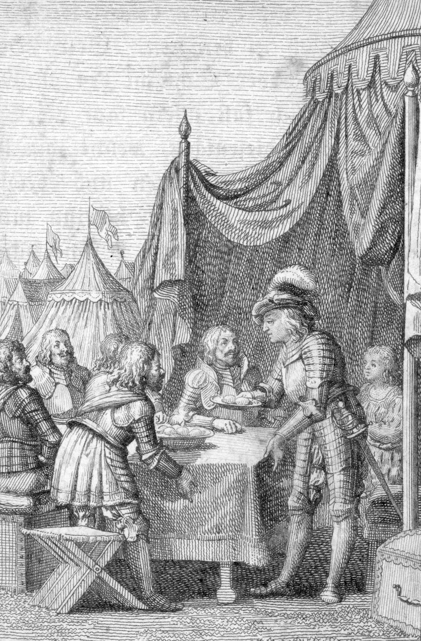 Kejser Ludvig IV (1282-1347) af Baviere med sine officerer i slaget ved Muhldorf (eller Ampfing) den 28. september 1322 (Louis IV, hellig romersk kejser ved slaget ved Muhldorf den 28. september 1322 på Ampfing-heden) Gravering af Johann Michael Mettenleit af Johann Michael Mettenleiter