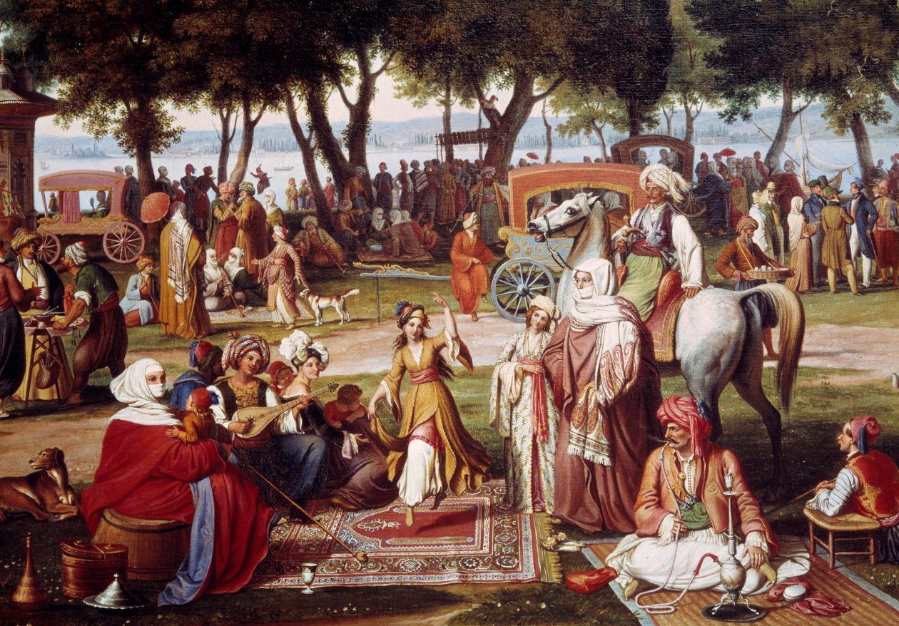 Ferskvand Asien i Konstantinopel - Sød livsstil: gruppe af mænd og kvinder, der ryger, danser - Maleri af Johann Wittmer (1802-1880) 1837 Detail - München, Neue Pinakothek af Johann Michael Wittmer