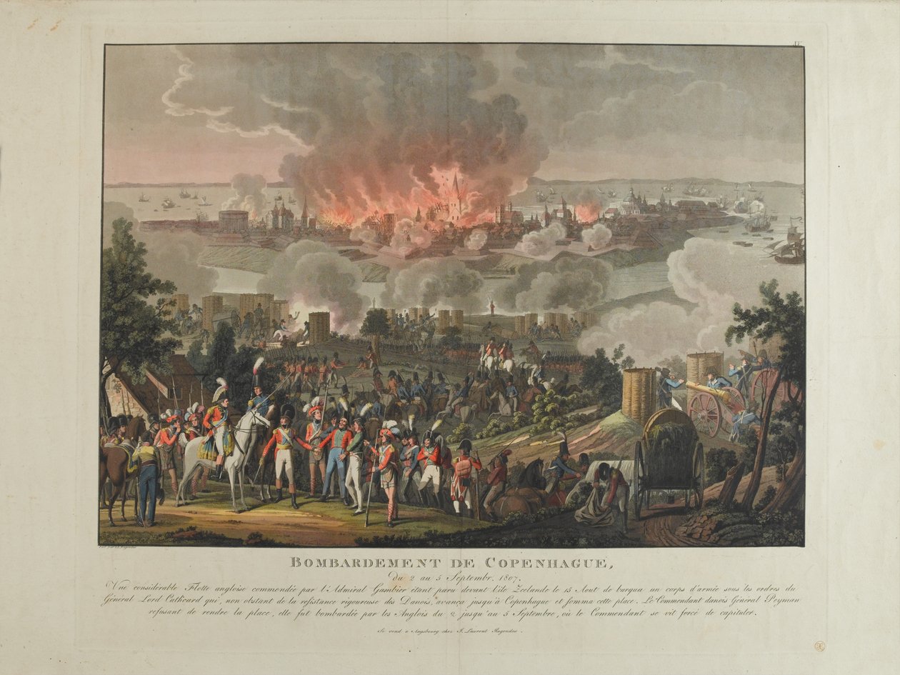 Bombardement af København, 2.-5. september 1807, farvet akvatint af og efter J. Laurent Rugendas, udgivet af J. Laurent Rugendas, Augsburg, 1807 af Johann Moritz Rugendas