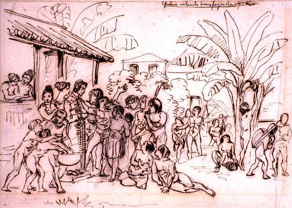 Indianere på besøg på en ejendom, Brasilien, ca. 1825 (pen og brunt blæk over blyant) af Johann Moritz Rugendas