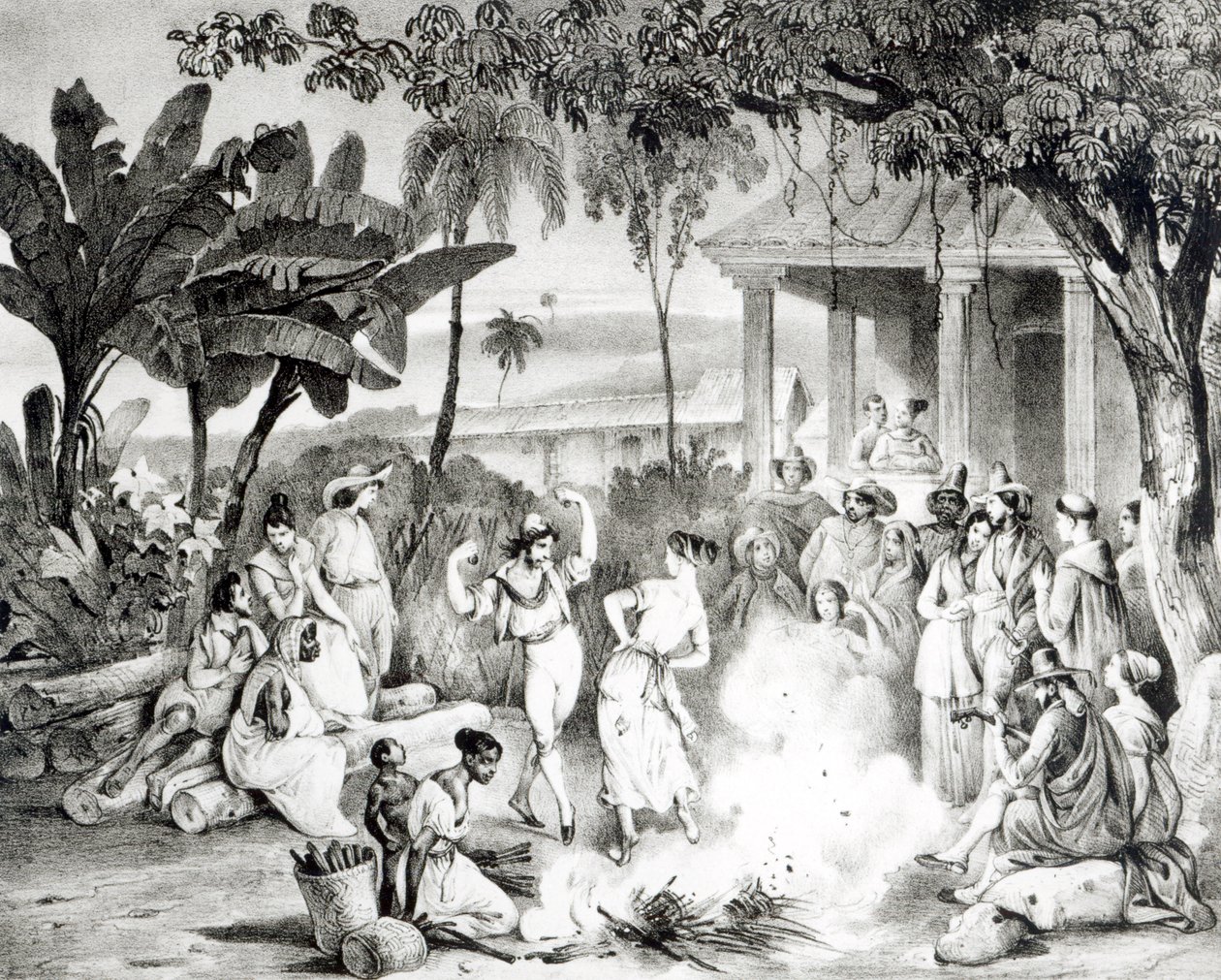 Landu Dance, indgraveret af Victor Adam og Monthellier (litho) (bw foto) af Johann Moritz Rugendas