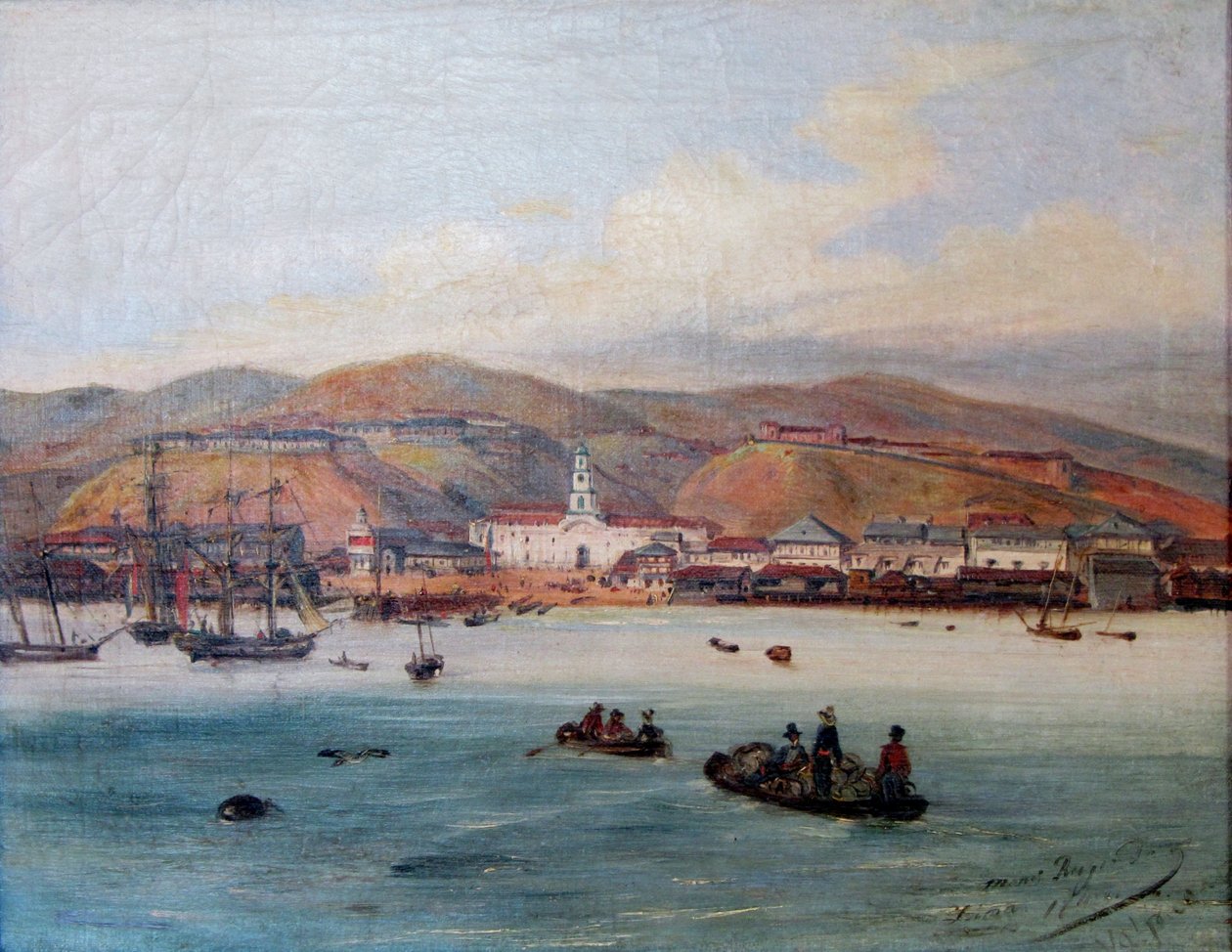 Spansk: El puerto de Valparaíso Havnen i Valparaíso af Johann Moritz Rugendas