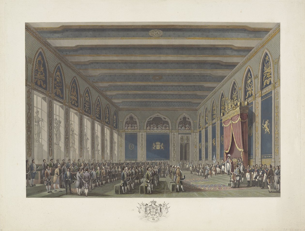Institution of the States General af kong William I i Bruxelles den 21. september 1815 Tolv plader med ankomsten og indvielsen af ​​William I i Bruxelles og kampene ved Quatre-Bras og Waterloo i 1815 (serietitel) af Johann Nepomuk Gibèle (possibly)