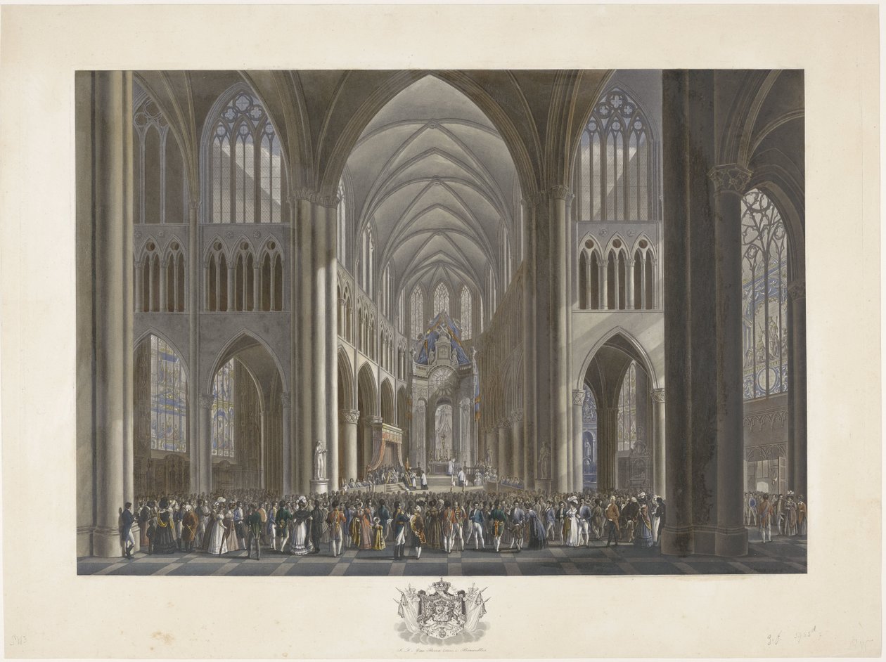 Velsignelse af kong Vilhelm I i Saint Gudula-kirken i Bruxelles den 21. september 1815 Tolv plader med ankomsten og indvielsen af ​​William I i Bruxelles og kampene ved Quatre-Bras og Waterloo i 1815 (serietitel) af Johann Nepomuk Gibèle (possibly)