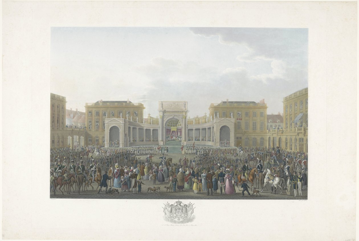 Indvielse af Vilhelm I i Bruxelles den 21. september 1815 Tolv plader med ankomsten og indvielsen af ​​William I i Bruxelles og kampene ved Quatre-Bras og Waterloo i 1815 (serietitel) af Johann Nepomuk Gibèle