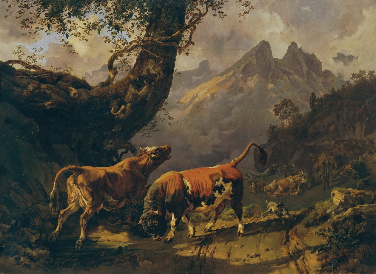 Tyr, der jager en ko, i baggrundslandskabet nær Carrara af Johann Nepomuk Rauch