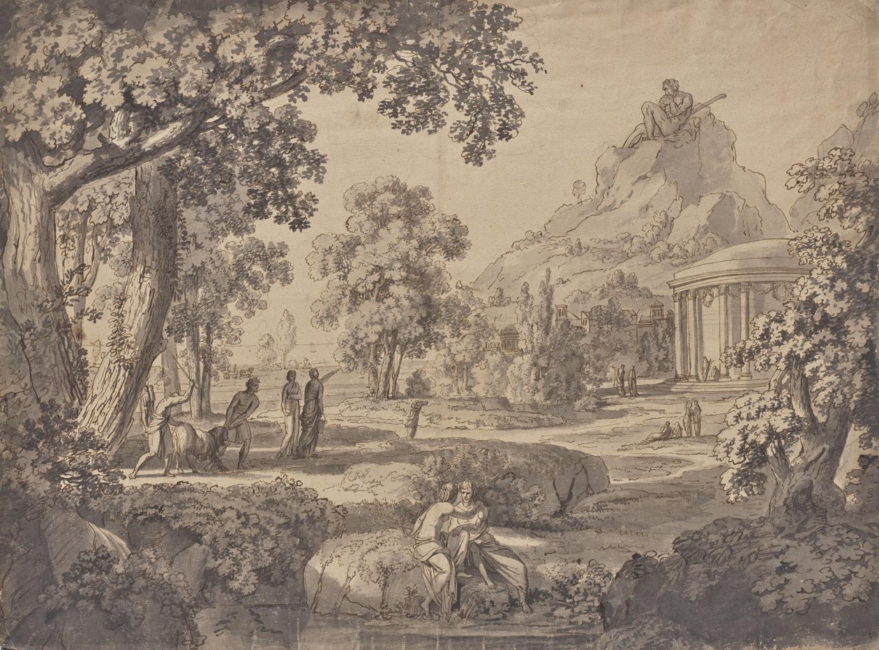 Klassisk landskab med et tempel, en kæmpe på et bjerg af Johann Nepomuk Schödlberger