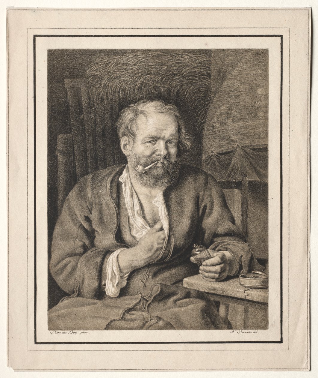 Bonde sidder ved et bord og ryger pibe af Johann Nepomuk Strixner
