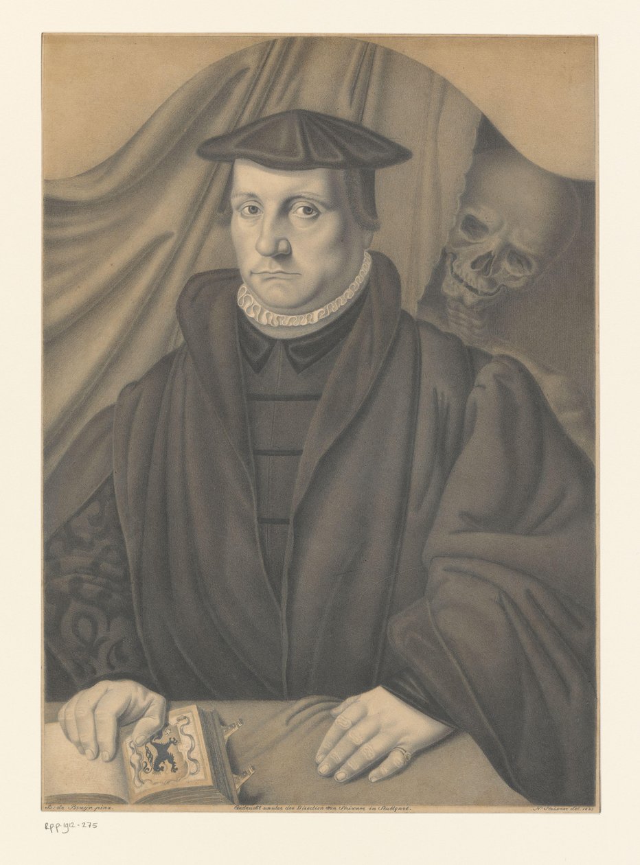 Portræt af en ukendt mand med skelet bag sig Værker fra Boisserée-brødrenes samling (serietitel) Galerie des Frères Boisserée (serietitel) af Johann Nepomuk Strixner