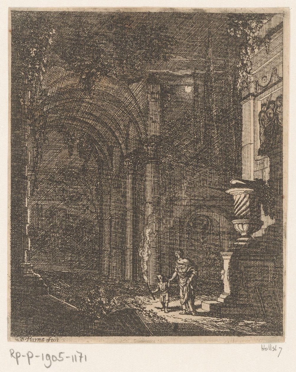To figurer oplyser gamle ruiner med en fakkel Gamle ruiner og bygninger (serietitel) Alcune Inventione de Ruini et Architectura (...) (serietitel) af Johann Oswald Harms