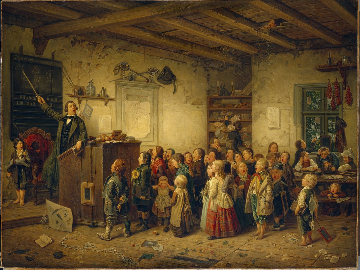Hieronymus Jobs lærer. Uddrag fra Jobsiade-serien. (H. Jobs undervisning. Fra serien Jobsiada). Jobsiaden eller livet for kandidaten i teologi Mr. Jobs, tysk tegneserieepos af læge Conrad Arnold Kortum (1745-1824). Scenen repræsenteret her dec af Johann Peter Hasenclever