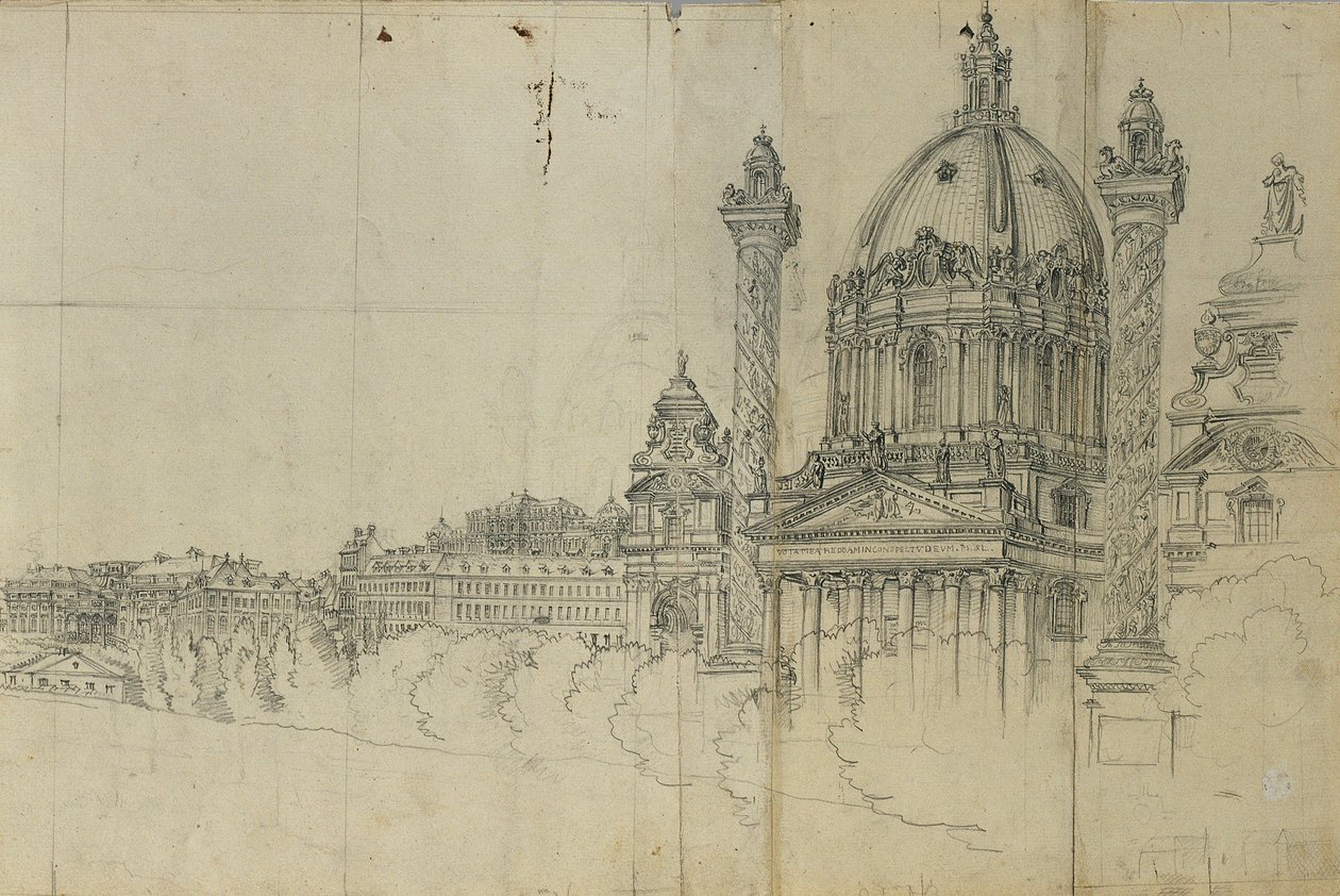 Udsigt over de sydlige forstæder til Wien og Karlskirche af Johann Peter Krafft