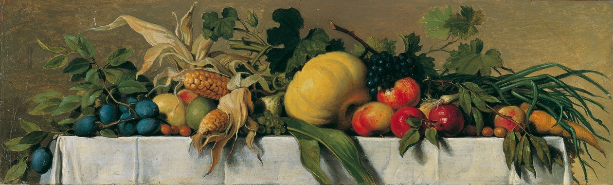 Stilleben med frugt og grøntsager på en hvid dug af Johann Peter Krafft