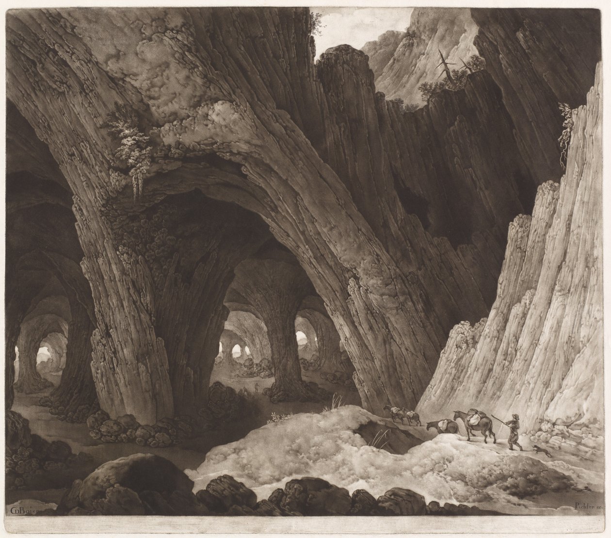 Rejsende hviler i gigantiske huler af Johann Peter Pichler, after Guillam Dubois