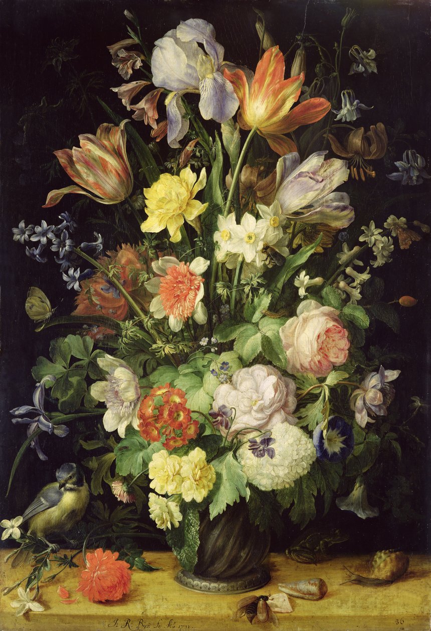 Stilleben med blomster og blåmejse af Johann Rudolf Byss