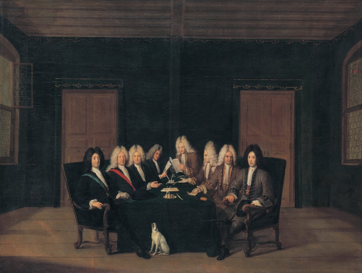 Fransk:  Les emissaires au traité de Bade en septembre 1714 Udsendingene til fredskongressen i Baden den 7. september 1714 af Johann Rudolf Huber