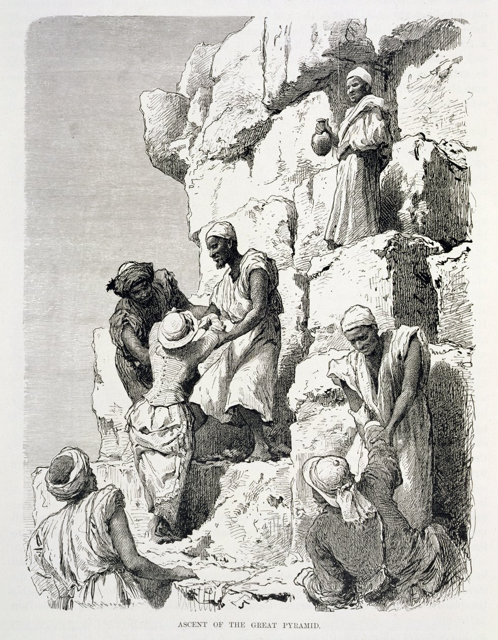 Ascent of the Great Pyramid, 1800-tallet (gravering på papir) af Johann Rudolph the Elder Huber