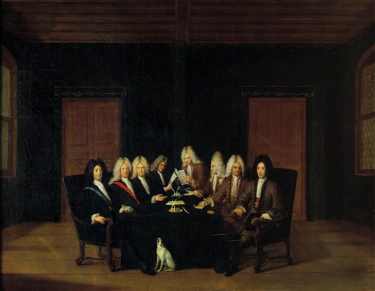 Den spanske arvefølgekrig: "" De befuldmægtigede samledes omkring Marechal-hertugen af Villars og prins Eugene af Savoy-Carignan (Savoie Carignan, greve af Soissons (1663-1736) ved fredskongressen i Borden den 7/09/1714" ” Maleri af Johan Rudol af Johann Rudolph the Elder Huber